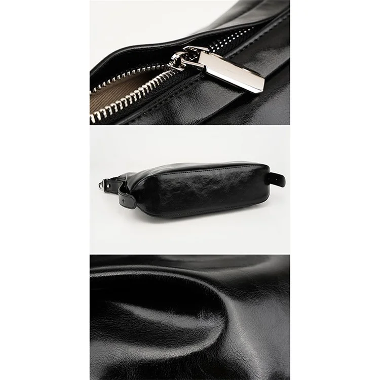 JY263 Women Solid Color Dumpling Bag Waxy Cowhide Leather Single Shoulder Bag with Chain Strap - Black