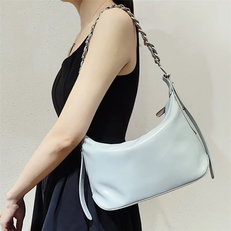 JY263 Women Solid Color Dumpling Bag Waxy Cowhide Leather Single Shoulder Bag with Chain Strap - Black
