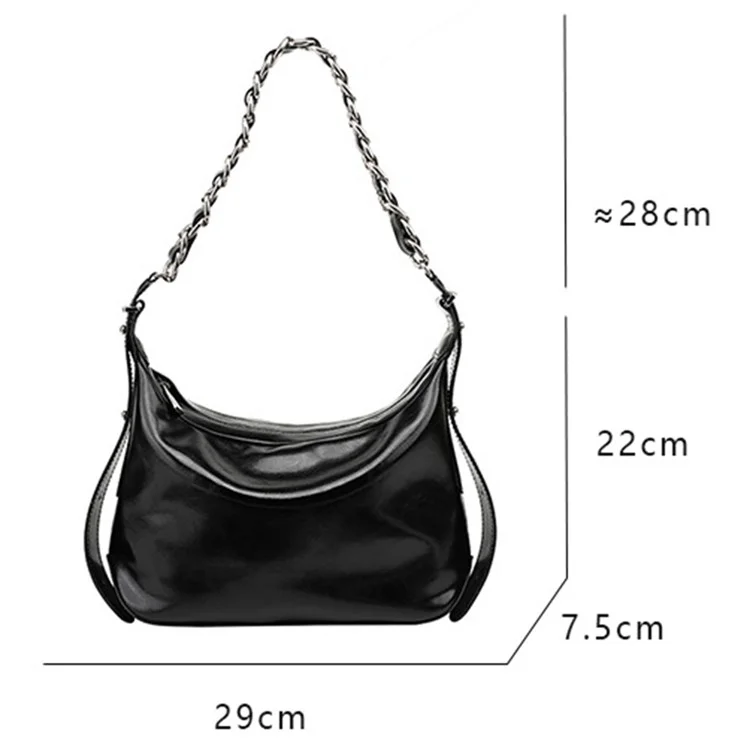 JY263 Women Solid Color Dumpling Bag Waxy Cowhide Leather Single Shoulder Bag with Chain Strap - Black