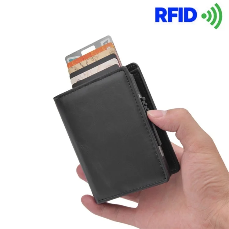 Porta-cartões RFID Blocking Bolsa Automática Pop-Up Case Carteira de Couro PU Alumínio Liga Curta - Preto