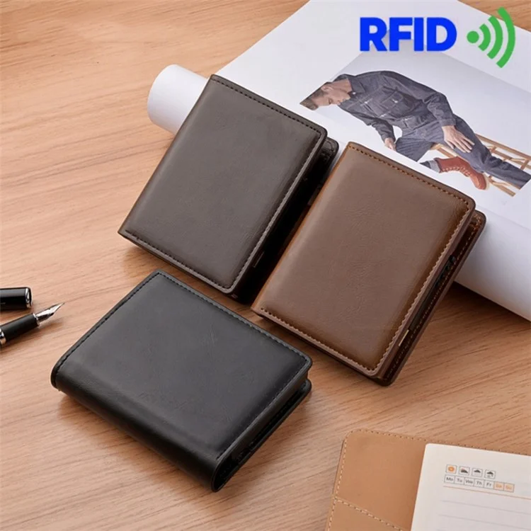 Porta-cartões RFID Blocking Bolsa Automática Pop-Up Case Carteira de Couro PU Alumínio Liga Curta - Preto