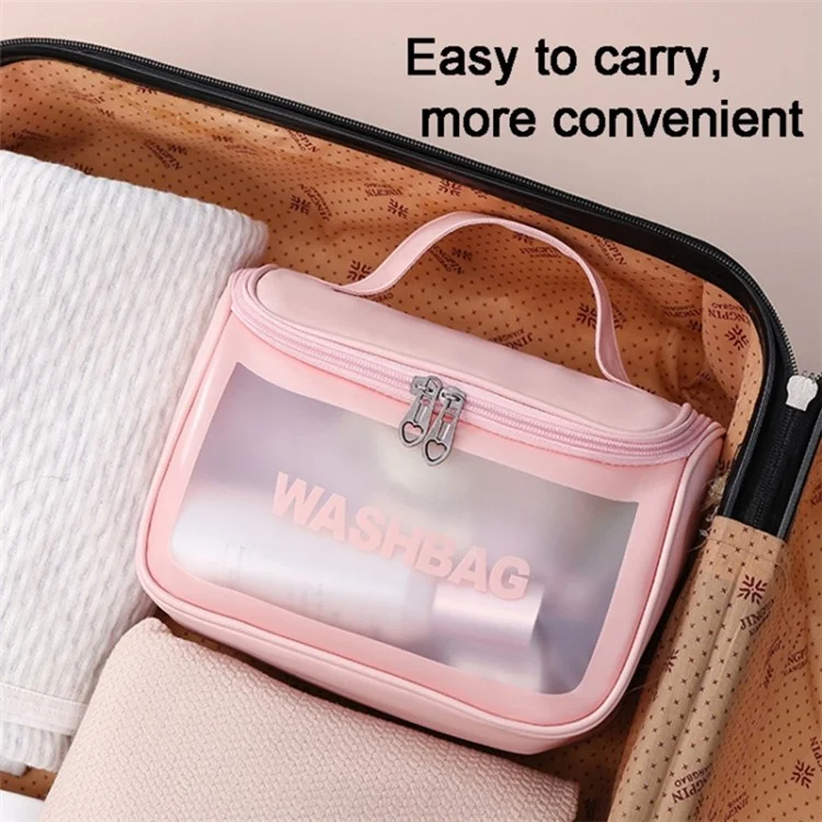 Portable Wash Bag Matte Translucent PVC + PU Leather Travel Cosmetic Toiletry Bag - Pink