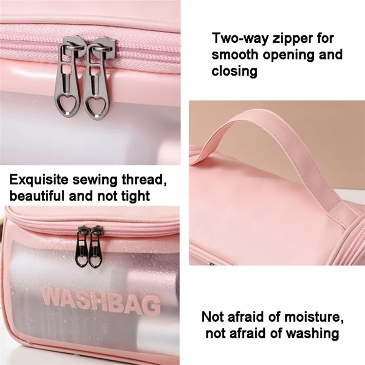 Portable Wash Bag Matte Translucent PVC + PU Leather Travel Cosmetic Toiletry Bag - Pink