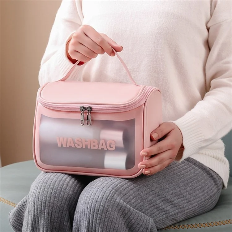 Portable Wash Bag Matte Translucent PVC + PU Leather Travel Cosmetic Toiletry Bag - Pink