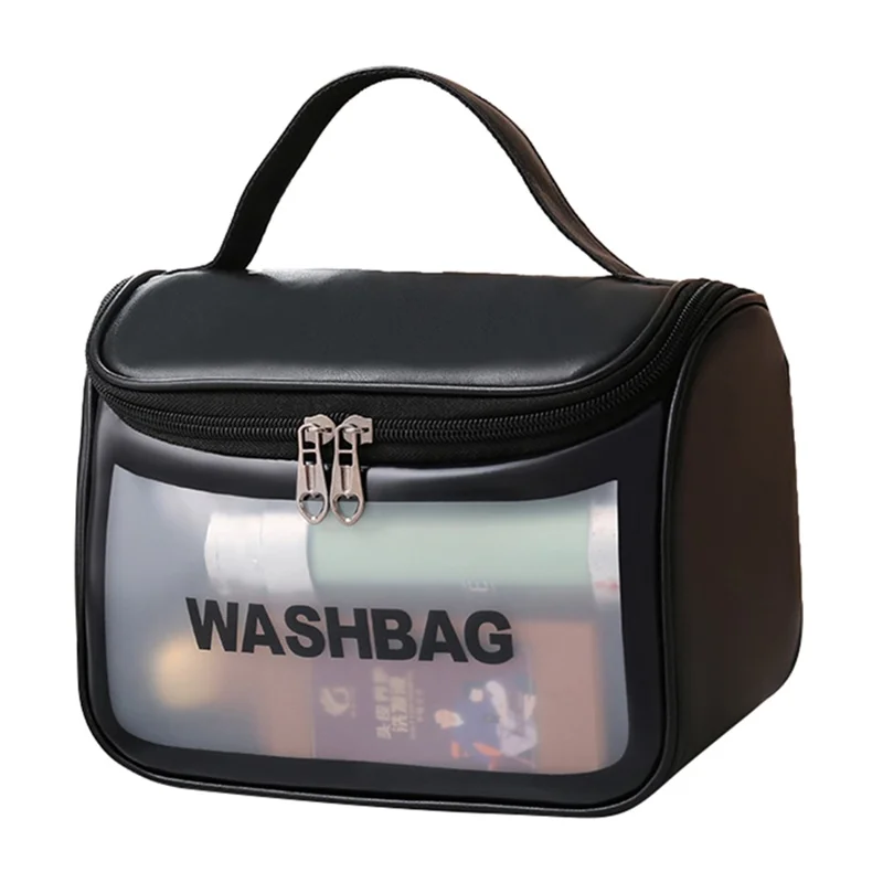 Portable Wash Bag Matte Translucent PVC + PU Leather Travel Cosmetic Toiletry Bag - Black
