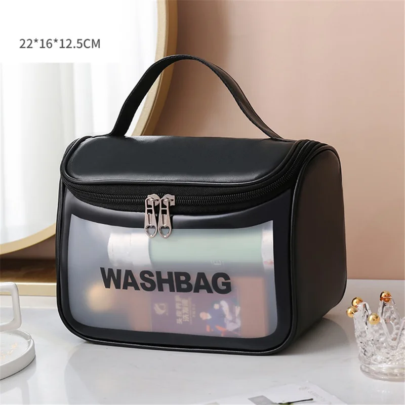 Portable Wash Bag Matte Translucent PVC + PU Leather Travel Cosmetic Toiletry Bag - Black
