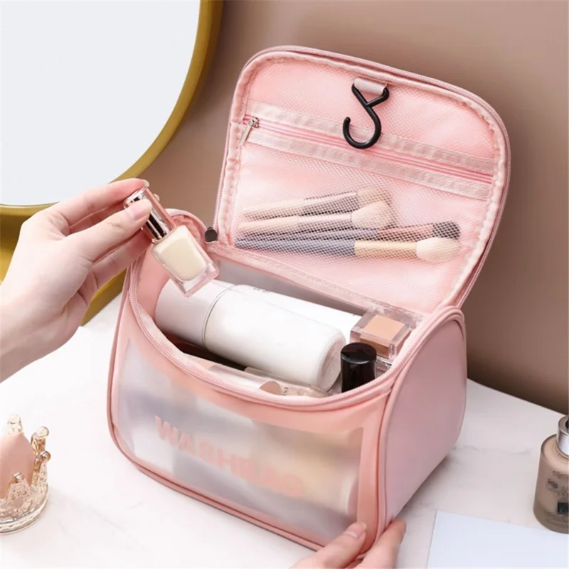 Portable Wash Bag Matte Translucent PVC + PU Leather Travel Cosmetic Toiletry Bag - Black