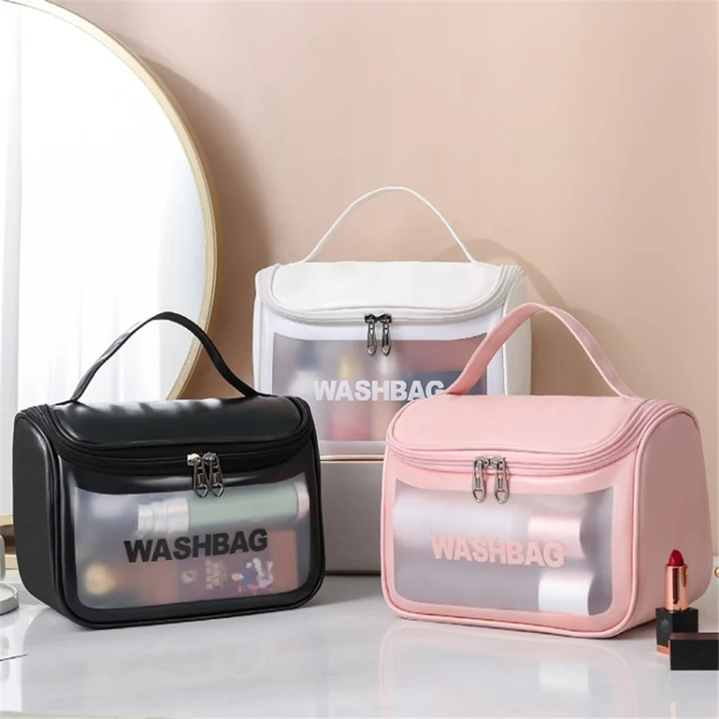 Portable Wash Bag Matte Translucent PVC + PU Leather Travel Cosmetic Toiletry Bag - Black