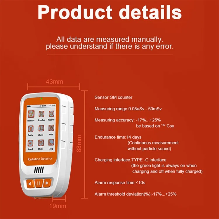 HFS-20 Nuclear Radiation Detector 2.0" Schermo TFT Grande Dosimetro Radiazioni Alimentato a Batteria Monitor Radiazioni