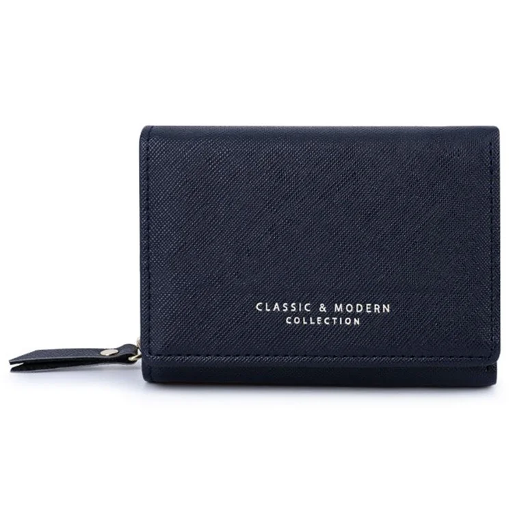 TAILIAN T6103-012 Portefeuille Pliant en Cuir PU à Texture Croisée pour Femme avec Poche Zip, Porte-Cartes et Porte-Monnaie - Bleu Foncé