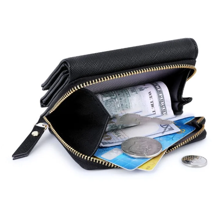 TAILIAN T6103-012 Portefeuille Pliant en Cuir PU à Texture Croisée pour Femme avec Poche Zip, Porte-Cartes et Porte-Monnaie - Bleu Foncé