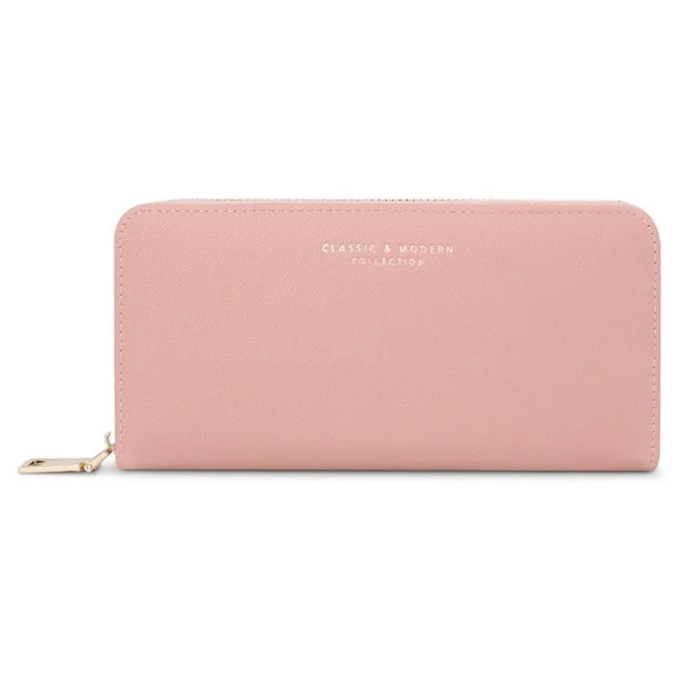 TAILIAN T9612-042 Carteira com Zíper Longa de Couro PU com Textura Cruzada para Mulheres - Rosa 