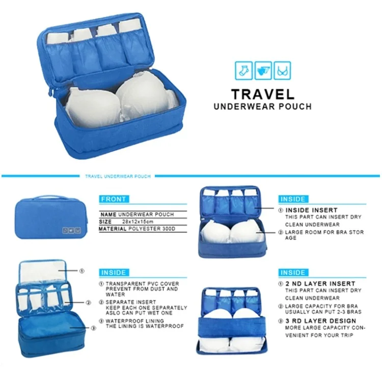 300D Cationic Fabric Travel Bra Underwear Storage Pouch Socks Cosmetics Clothes Storage Pouch for Men Women - Gris