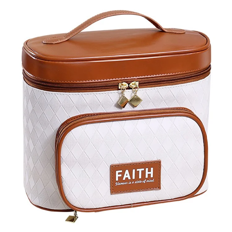 Rhombus Texture PU Leather Makeup Bag Large Capacity Cosmetic Bag Travel Toiletry Organizer - Brown