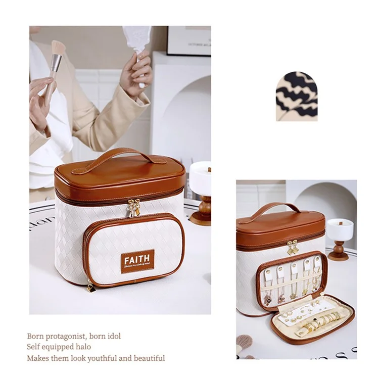 Rhombus Texture PU Leather Makeup Bag Large Capacity Cosmetic Bag Travel Toiletry Organizer - Brown