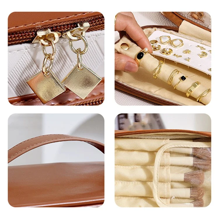Rhombus Texture PU Leather Makeup Bag Large Capacity Cosmetic Bag Travel Toiletry Organizer - Brown
