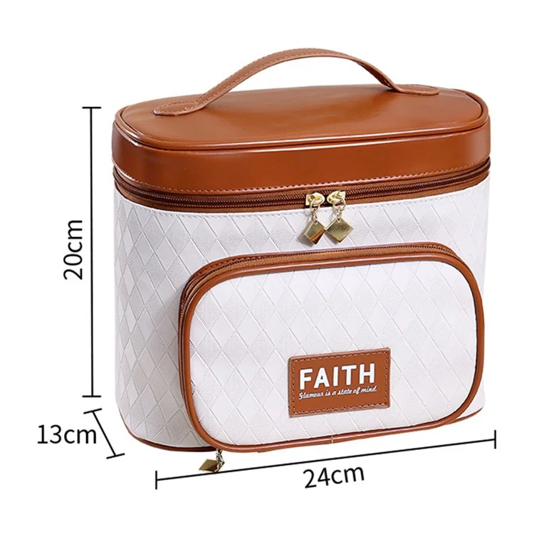 Rhombus Texture PU Leather Makeup Bag Large Capacity Cosmetic Bag Travel Toiletry Organizer - Brown