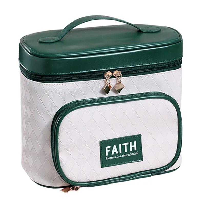 Borsa da trucco in pelle sintetica con texture a rombo, grande capacità - Verde