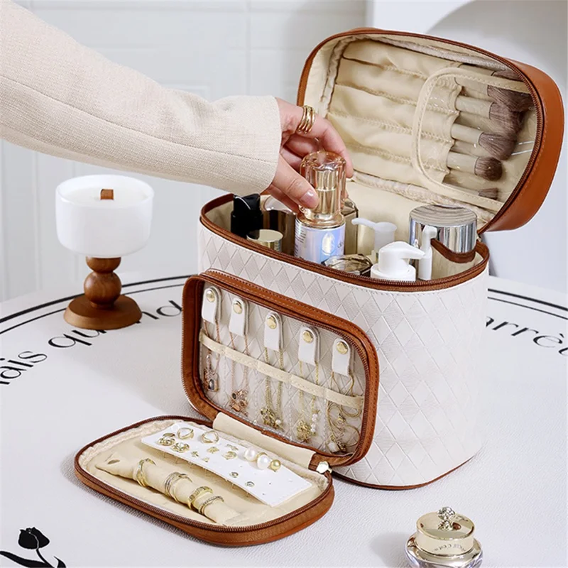 Borsa da trucco in pelle sintetica con texture a rombo, grande capacità - Verde