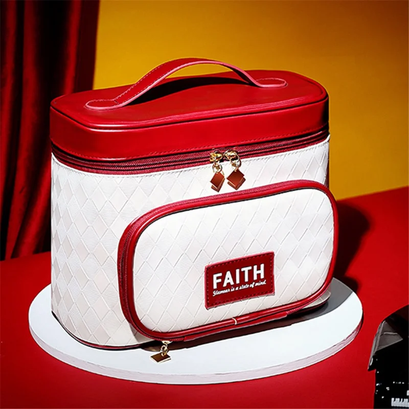 Borsa da trucco in pelle sintetica con texture a rombo, grande capacità - Verde