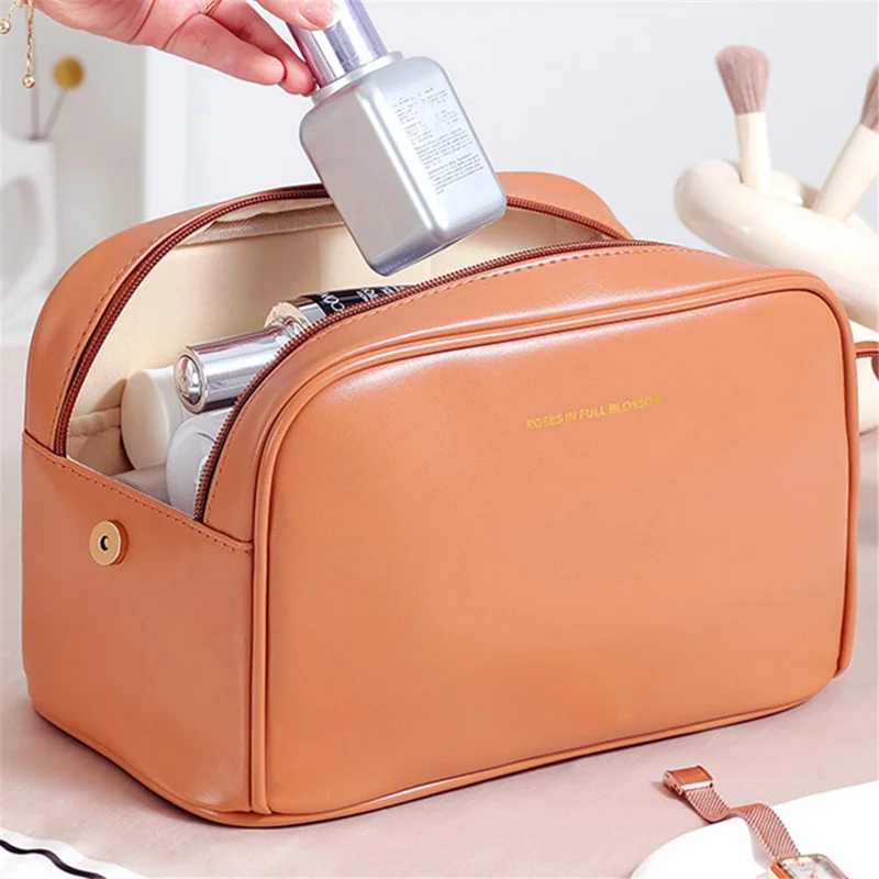 Cosmetics Bag Two Zipper Closure PU Leather Toiletry Bag Travel Supply Organizer for Makeup, Shampoo, Lotion - Brown