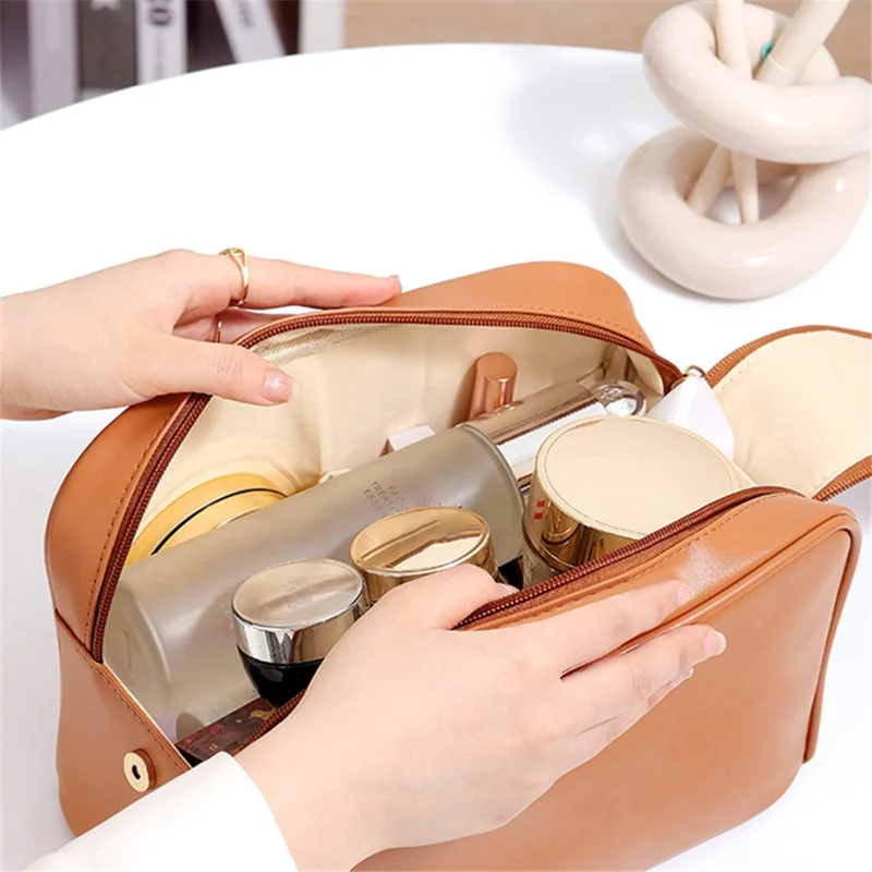Cosmetics Bag Two Zipper Closure PU Leather Toiletry Bag Travel Supply Organizer for Makeup, Shampoo, Lotion - Brown