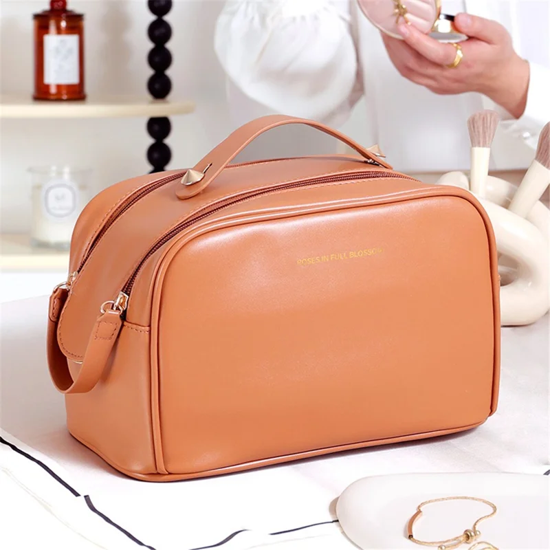 Cosmetics Bag Two Zipper Closure PU Leather Toiletry Bag Travel Supply Organizer for Makeup, Shampoo, Lotion - Brown