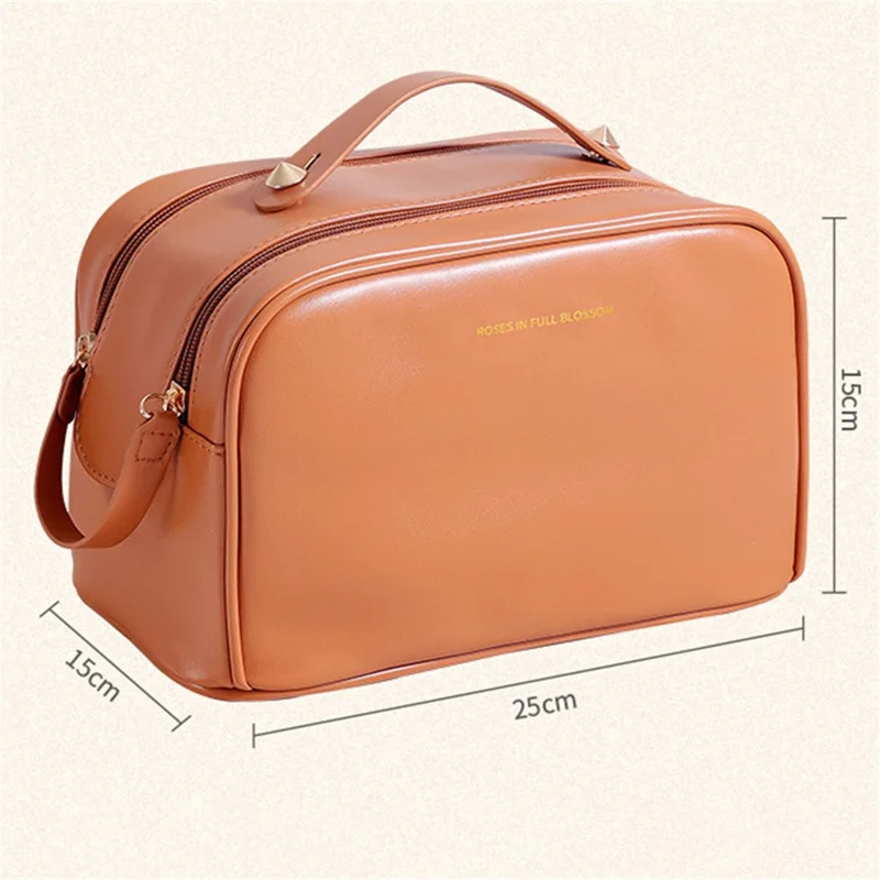 Cosmetics Bag Two Zipper Closure PU Leather Toiletry Bag Travel Supply Organizer for Makeup, Shampoo, Lotion - Brown