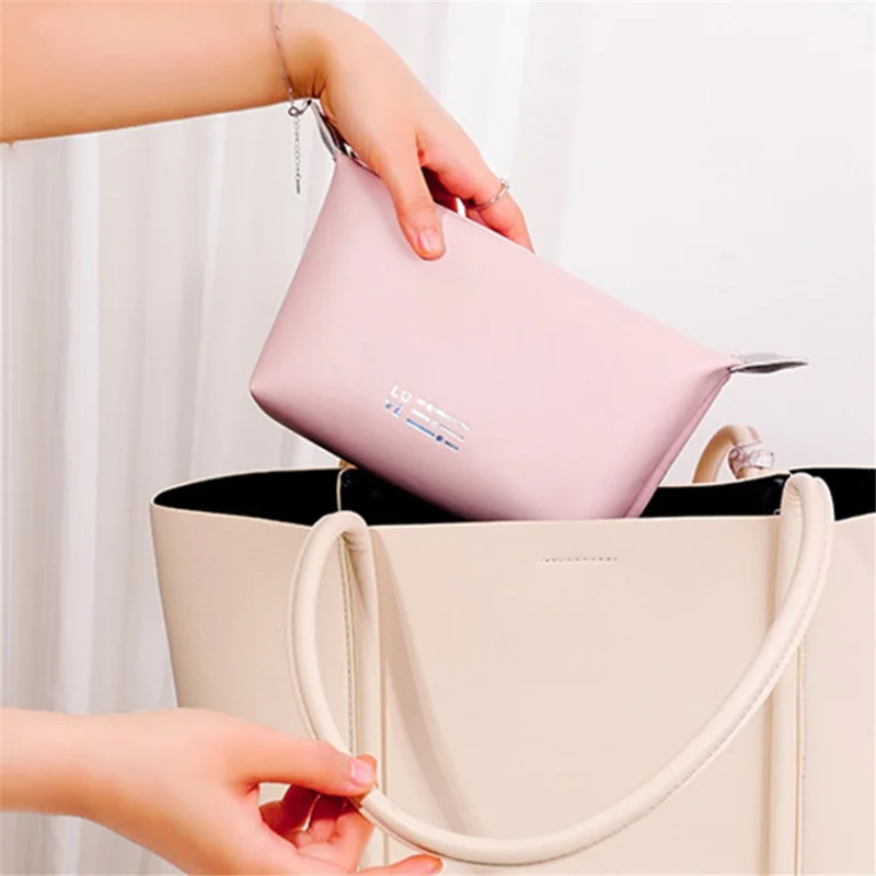 Borsa da Toilette in PU Leather Impermeabile Borsa per Cosmetici Porta Trucco - Viola Chiaro