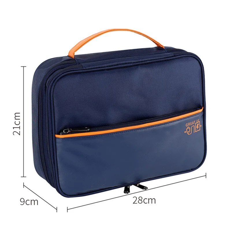 Three Layers Digital Accessories Storage Bag Polyester + PU Leather Data Cable Power Bank Handbag - Navy Blue