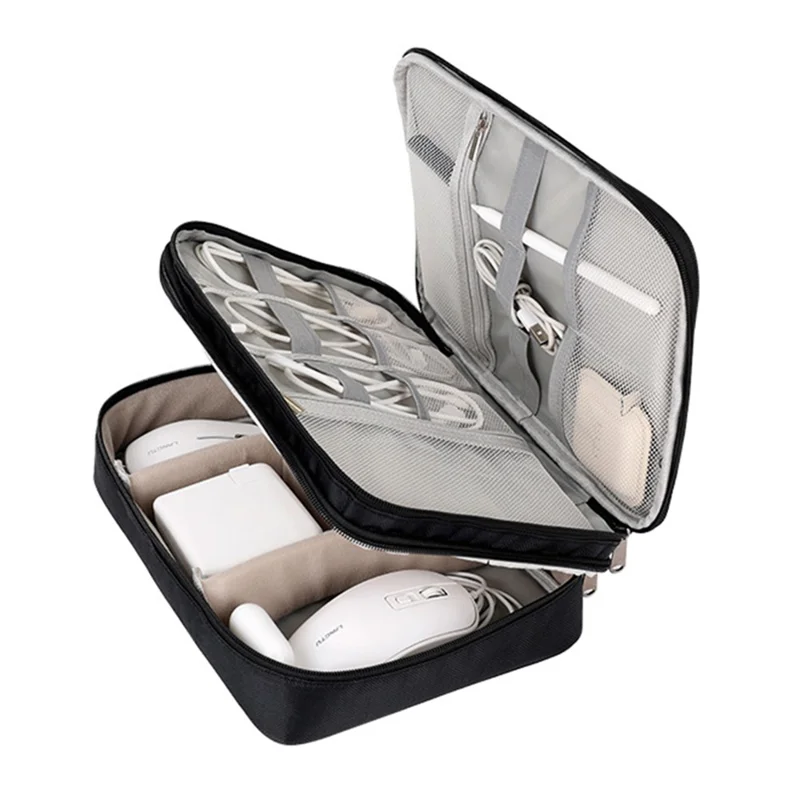 Three Layers Digital Accessories Storage Bag Polyester + PU Leather Data Cable Power Bank Handbag - Navy Blue