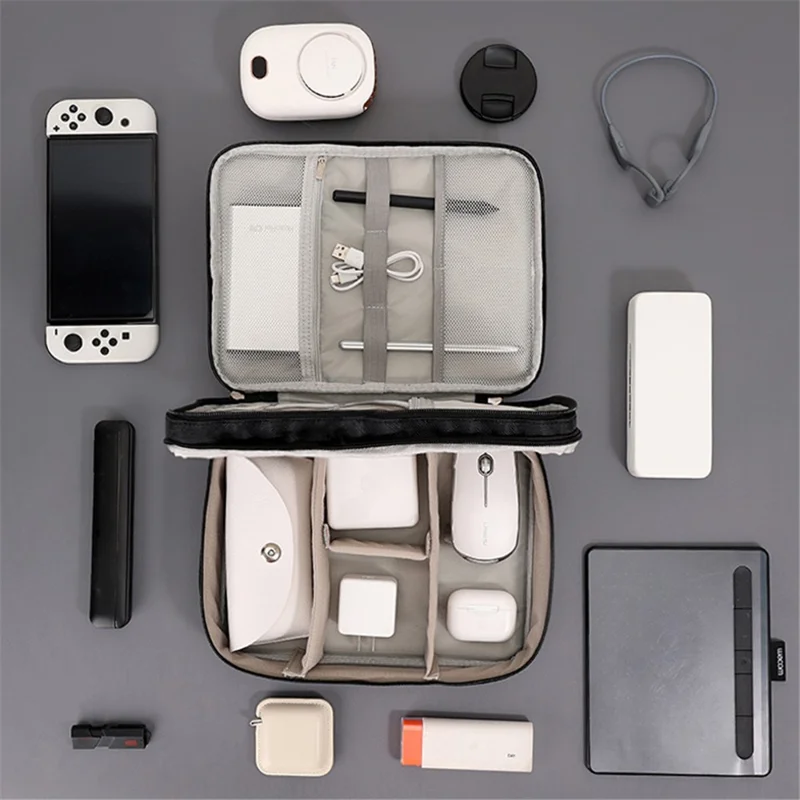 Three Layers Digital Accessories Storage Bag Polyester + PU Leather Data Cable Power Bank Handbag - Navy Blue