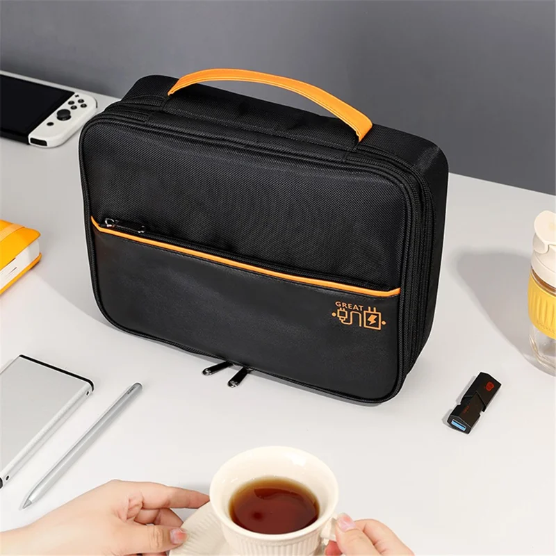 Three Layers Digital Accessories Storage Bag Polyester + PU Leather Data Cable Power Bank Handbag - Navy Blue