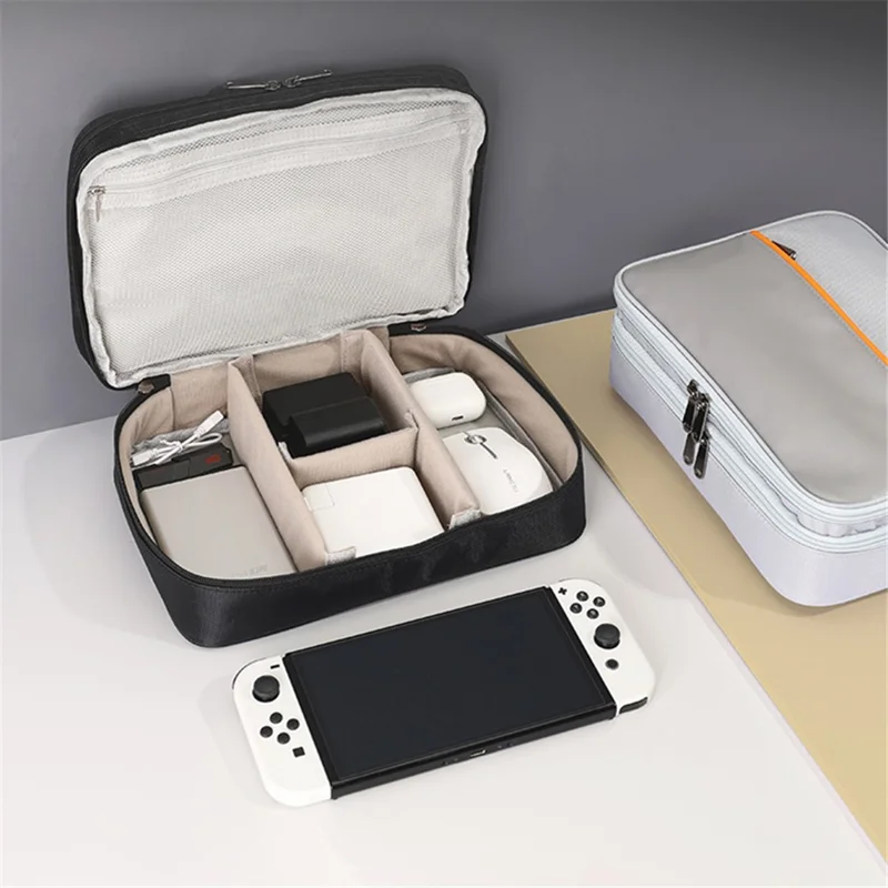 Three Layers Digital Accessories Storage Bag Polyester + PU Leather Data Cable Power Bank Handbag - Navy Blue