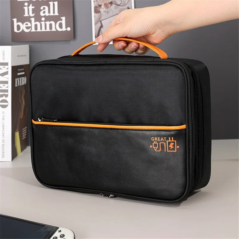 Three Layers Digital Accessories Storage Bag Polyester + PU Leather Data Cable Power Bank Handbag - Navy Blue