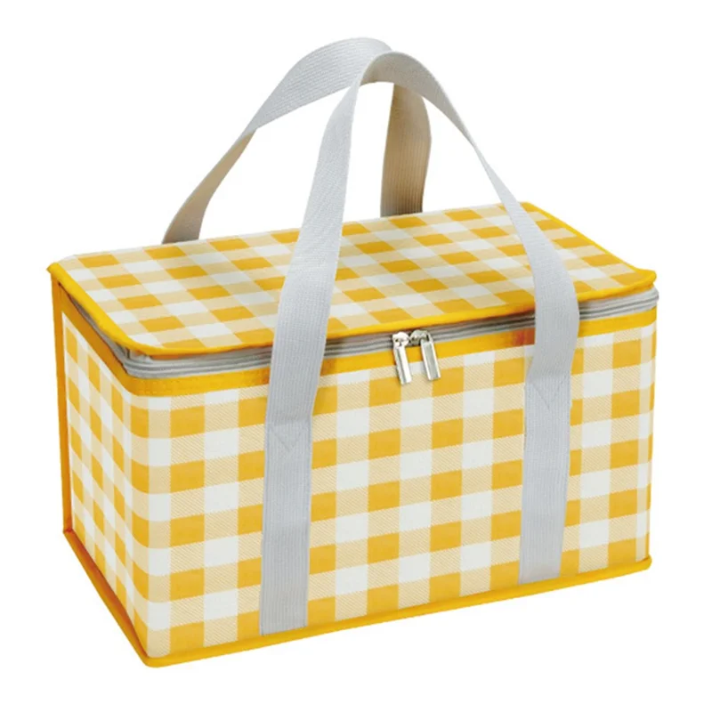 Outdoor Picnic Bag Thickened Aluminum Film 600D Oxford Cloth Insulation Food Drink Storage Bag - Yellow+White Grid