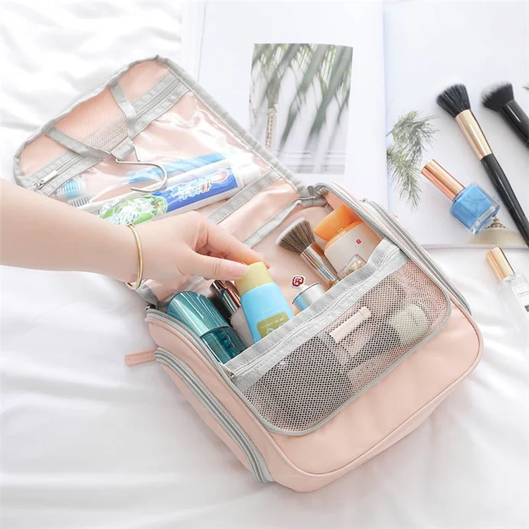 Portable Travel Toiletry Bag Polyester Makeup Cosmetics Hanging Storage Bag Container - Pink
