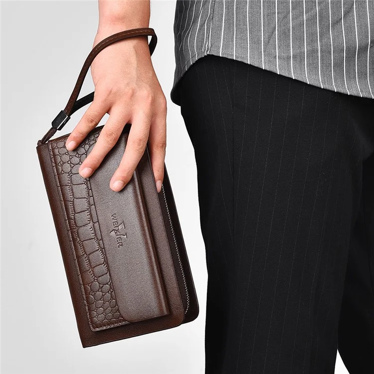 WEIXIER W123 Crocodile Texture PU Leather Men Clutch Bag Large Capacity Zipper Long Wallet - Brown