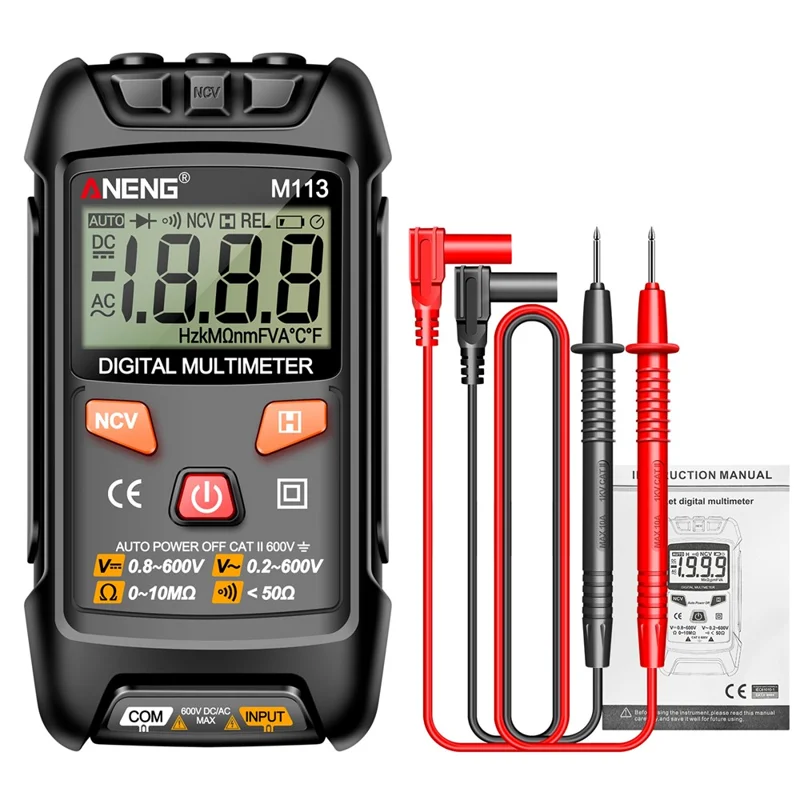 Aneng M113 1999 Conta Mini Multimetro Digitale AC / Metro Tensione cc Ohm Ncv Resistenza Volt Tester Strumento Elettrico - Nero