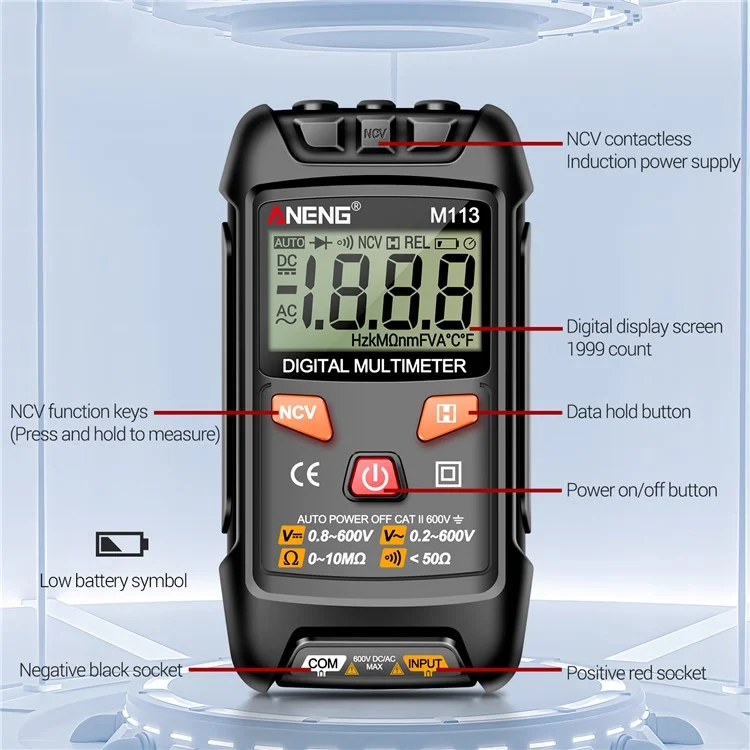 Aneng M113 1999 Zählt Mini Digital Multimeter AC / DC -spannungsmesser Ohm NCV -widerstandsspannungstester Elektrizitätstool - Schwarz