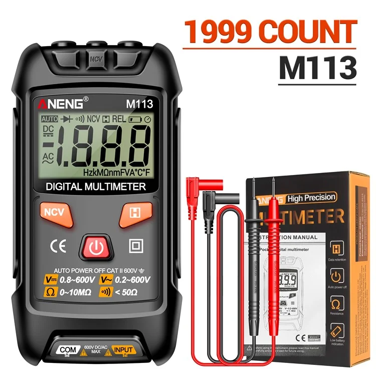 Aneng M113 1999 Zählt Mini Digital Multimeter AC / DC -spannungsmesser Ohm NCV -widerstandsspannungstester Elektrizitätstool - Schwarz