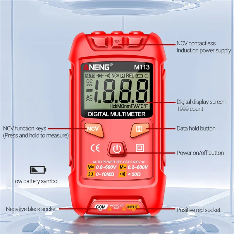 ANENG M113 1999 Counts Mini Digital Multimeter AC / DC Voltage Meter Ohm NCV Resistance Volt Tester Electricity Tool - Red