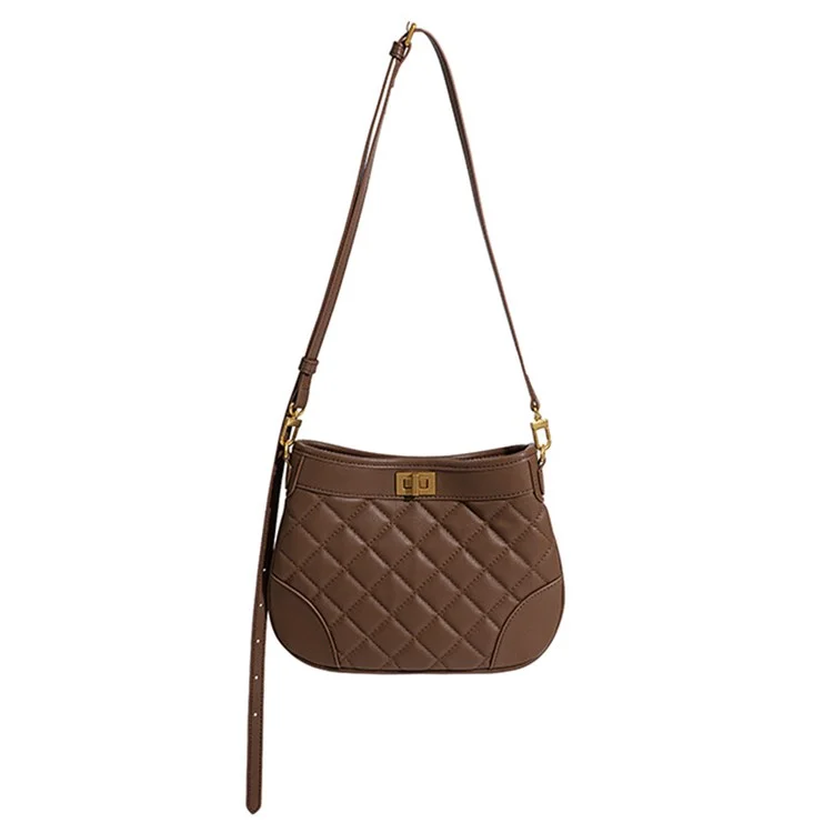 Bolsa de ombro cruzada de couro de vaca com design de grade rombo para mulheres - Cor castanha 