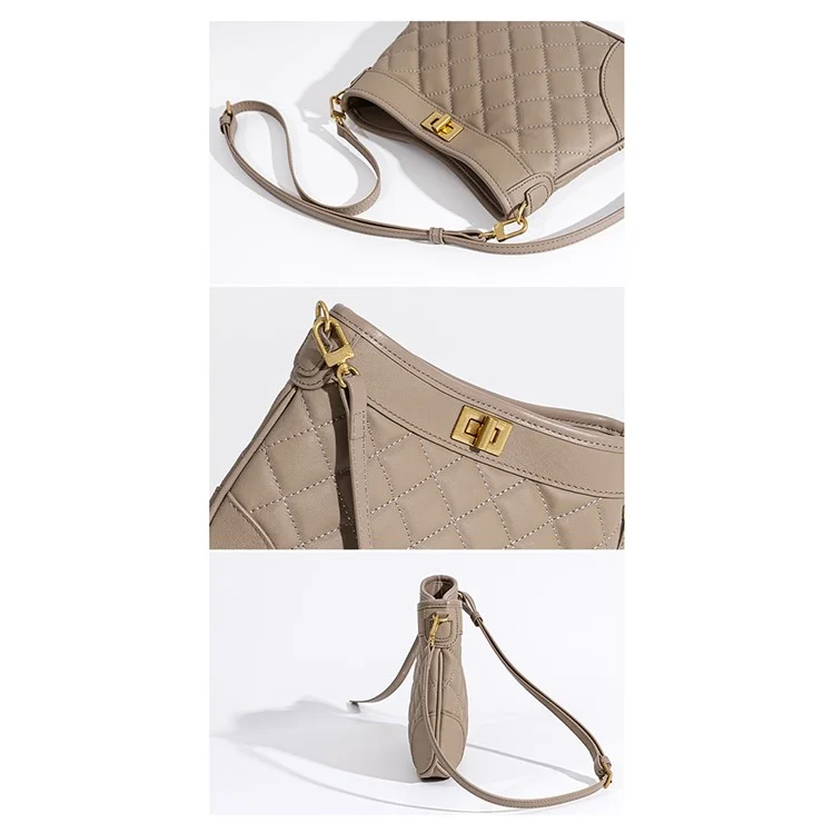 Bolsa de ombro cruzada de couro de vaca com design de grade rombo para mulheres - Cor castanha 