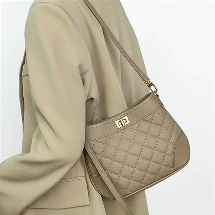 Bolsa de ombro cruzada de couro de vaca com design de grade rombo para mulheres - Cor castanha 