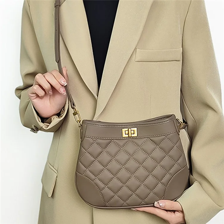 Bolsa de ombro cruzada de couro de vaca com design de grade rombo para mulheres - Cor castanha 