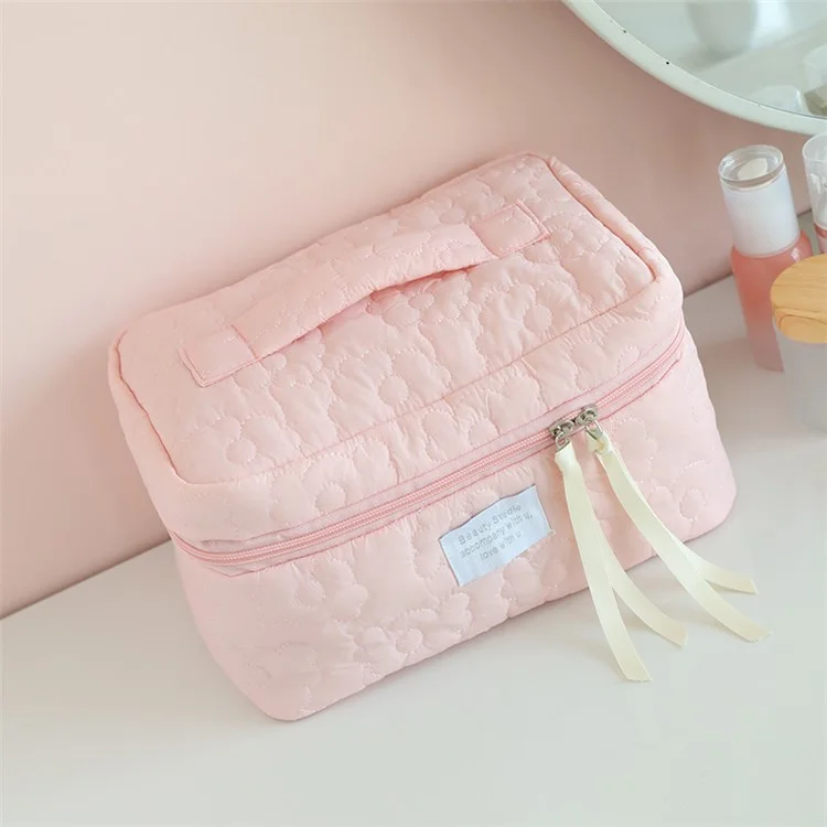 Borsa Cosmetica Organizzatrice in Nylon con Disegno Floreale Soffice, Custodia per Toiletries, Borsa da Viaggio per la Casa, Pochette per il Trucco, Dimensione: L - Rosa