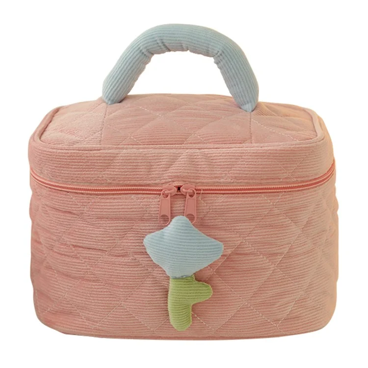 Cosmetic Storage Bag Makeup Container Organizer Corduroy Handbag, Square Shape with Handle - Pink