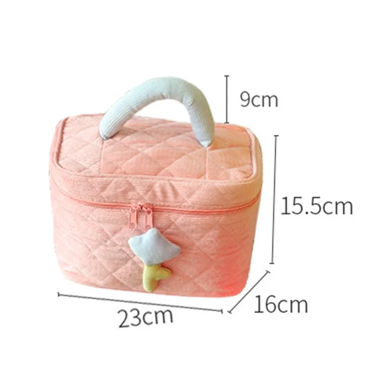 Cosmetic Storage Bag Makeup Container Organizer Corduroy Handbag, Square Shape with Handle - Pink