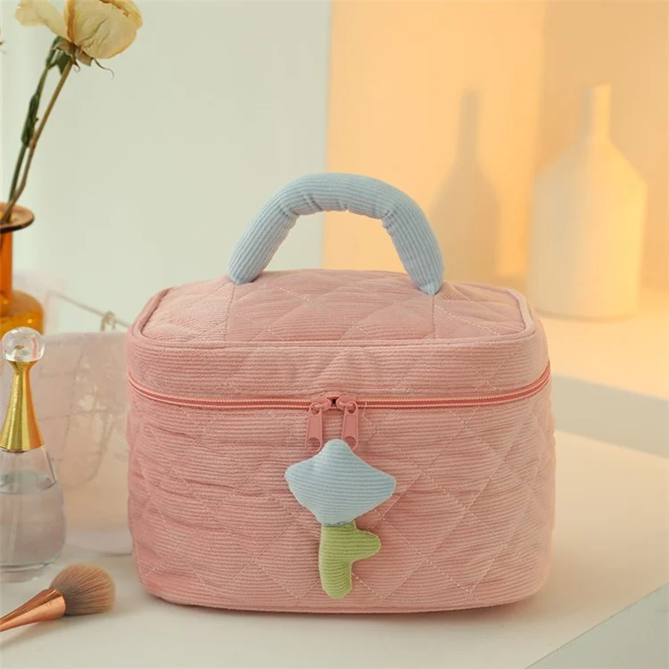 Cosmetic Storage Bag Makeup Container Organizer Corduroy Handbag, Square Shape with Handle - Pink